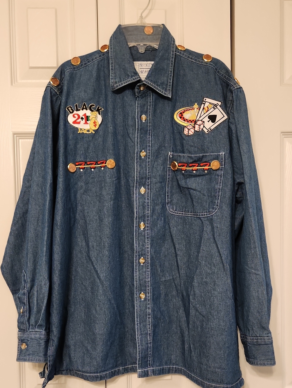 Vintage Las Vegas Casino Gambling Embroidered Blackjack 777 Denim Button Down